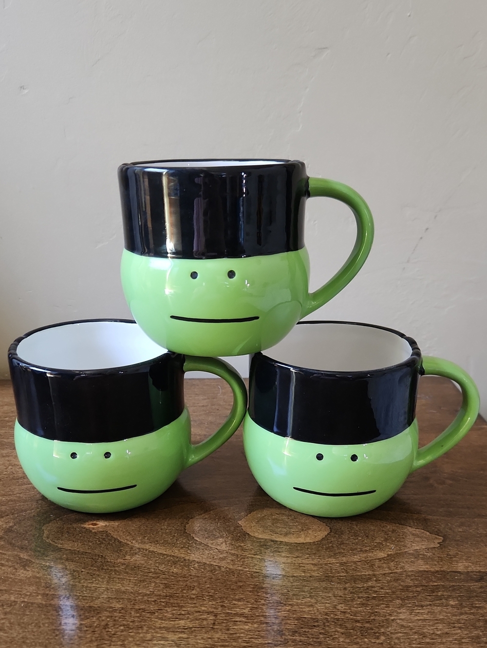 Holiday Home Green and Black Ceramic Smile Monster Mugs - Set of 3 12 Onz New